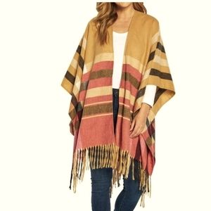 Woolrich Blanket Poncho Shawl - Khaki Tan/Pink/Wine/Gray/White - EUC one size